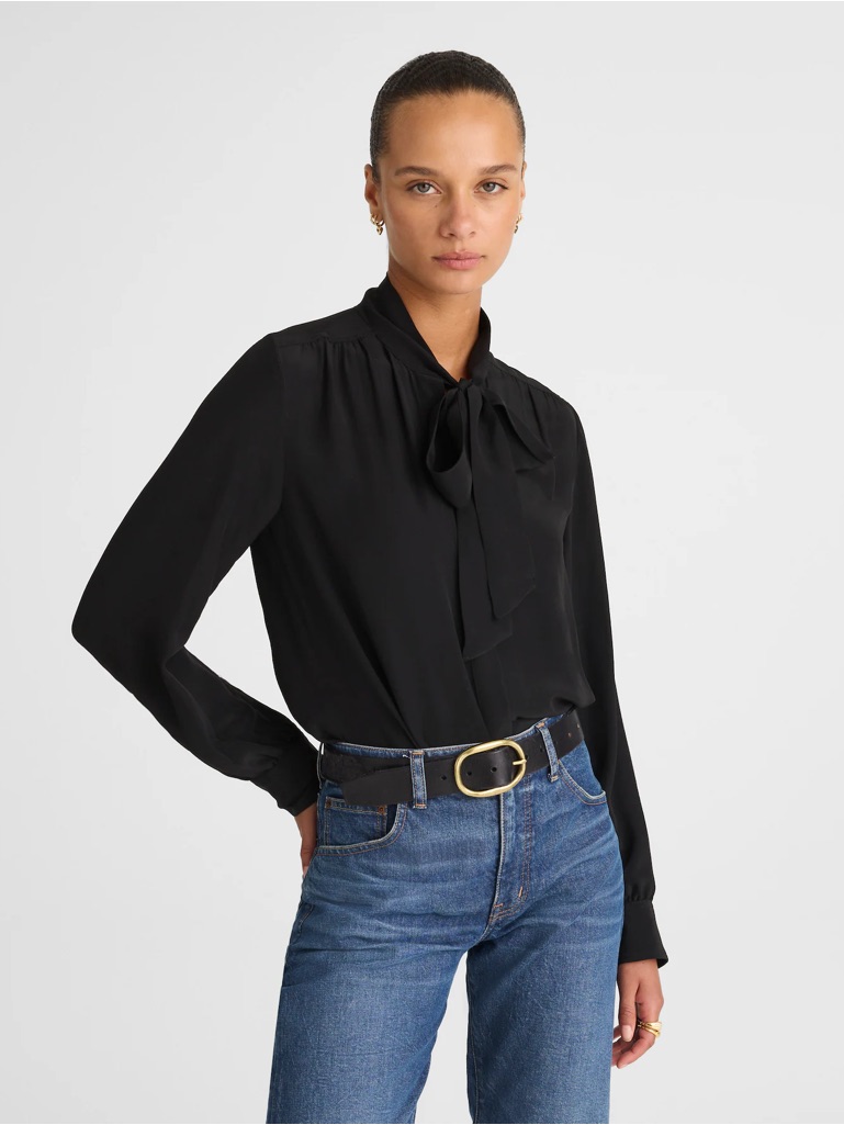 $118 Msrp Nwt Madewell Tie-Neck Long Sleeve Top Black Xs